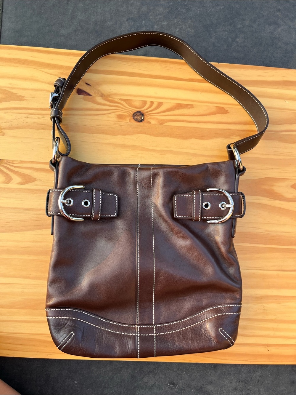 Coach Soho Brown Leather Shoulder Bag with Double Buckle Detail